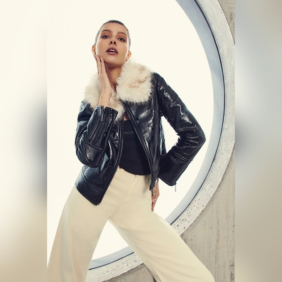 UNREAL FUR Wet Look Black Moto Jacket-NWT-SzM. NWOT- high end boutique/ PATENT - Picture 3 of 10